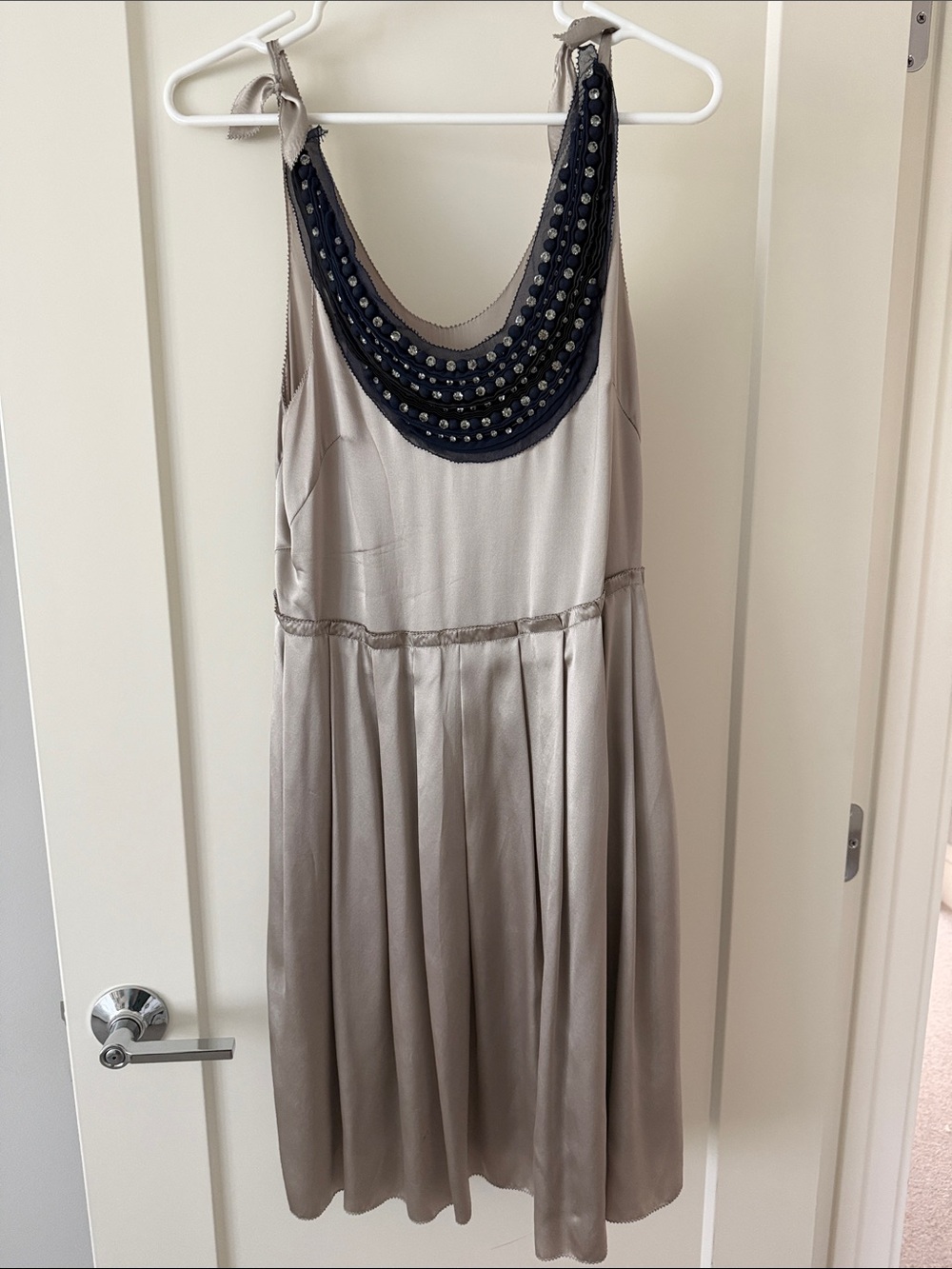 Phillip Lim 100% Silk Taupe Sleeveless Dress with Embellished Blue Neckline
